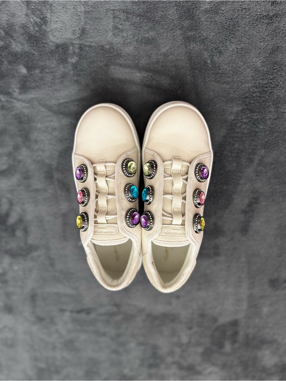 Kurt Geiger Beige Kids Slip-On Sneakers with Multicolor Gem Buttons
